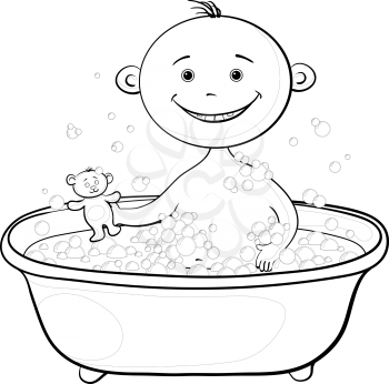 Cartoon, contours: cheerful smiling child sitting in a bath with soap and holding a teddy bear. Vector