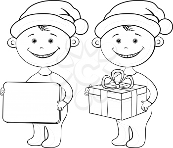 Cartoon children in a Santa Claus hats with a holiday gift box and plate, black contour on white background. Vector
