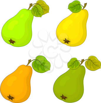 Food, the fruit, sweet pears with green leaves, vector, set