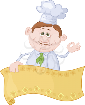 Cartoon cook - chef with blank banner for your text showing ok hand sign. Vector
