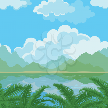 Exotic horizontal seamless landscape, sea, palm branches, mountains and cloudy sky. Vector