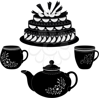 Holiday cake, teapot and cups, black contours on white background. Vector