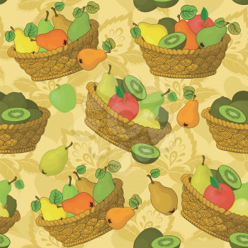 Seamless Pattern, Wicker Baskets and Fruits Pears, Apples and Kiwifruits on Background with Leaves Contours. Vector