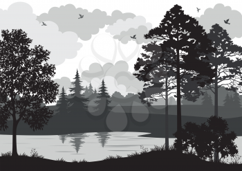 Landscape, Trees, River and Birds, Black and Grey Silhouette Contour on White Background. Vector