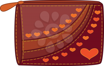 Red and brown purse for money with orange valentine hearts. Vector