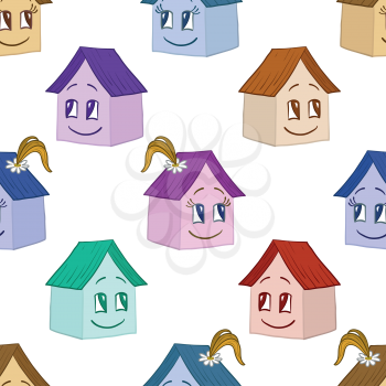 Seamless background, cartoon toy houses, girl and boy. Vector