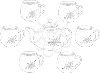 China teapot and cups with a pattern of flowers. Contours. Vector