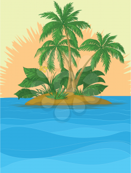Tropical sea island with palm trees and sun. Vector