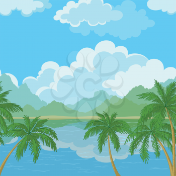 Exotic horizontal seamless landscape, sea, palm trees, mountains and cloudy sky. Vector