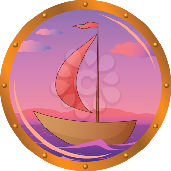 Window porthole with the ship floating on the sea in the morning on sunrise