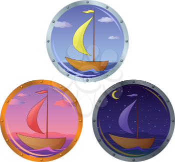 Window porthole with the ship floating on the sea, morning, day, night. Vector