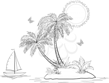 Tropical Sea Island with Palm Trees and Exotic Flowers, Ship, Butterflies and Sun, Set Black Contours on white Background. Vector