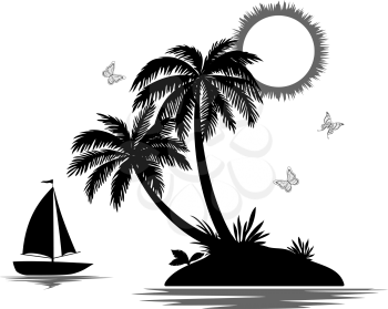Tropical Sea Island with Palm Trees and Exotic Flowers, Ship, Butterflies and Sun, Set Black Silhouettes and Contours on white Background. Vector