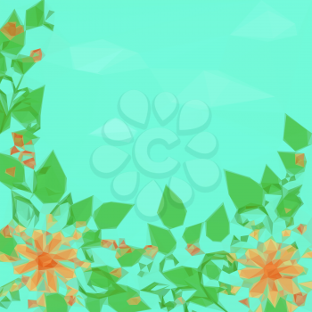 Low Poly Floral Pattern, Symbolical Flowers and Leaves on a Green Background. Vector