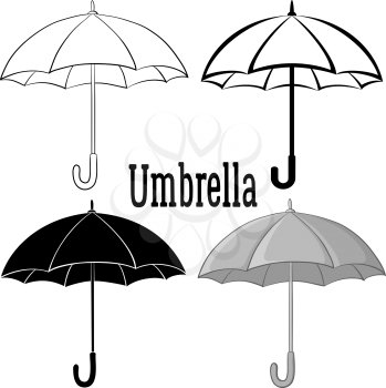 Umbrella Set, Black Contours, Silhouettes, Pictogram and Grey Isolated on White Background. Vector