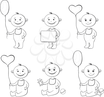 Set cartoon children with toys, balloons and signs, black contour on white background. Vector