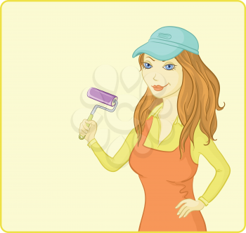 Working Painter Girl in a Cap with a Paint Roller on the Background of the Poster for Your Text. Vector