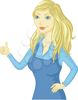 Beautiful blue-eyed blonde girl in blue dress shows thumb. Vector