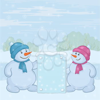Christmas cartoon, Snowman boys with the poster in the winter forest. Vector