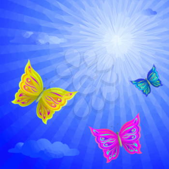 Colorful Butterflies Fly in the Blue Summer Solar Sky with Clouds, Low Poly Polygonal Background. Vector