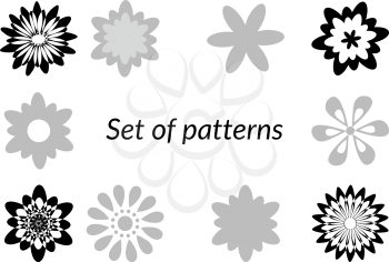 Floral Patterns, Design Elements, Black and Grey Silhouettes Isolated on White Background. Vector