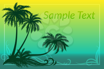 Exotic Landscape, Tropical Palms Trees Silhouettes, Grass and Floral Pattern on Sea Background. Eps10, Contains Transparencies. Vector