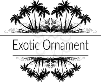 Exotic Ornament, Palm Trees and Grass Black Silhouette and Abstract Grey Floral Pattern with Place for Your Text. Vector