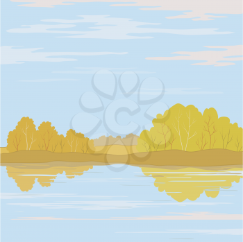 Autumn landscape: forest, river and the blue sky with white clouds. Vector