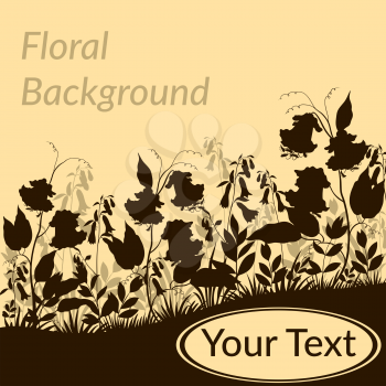 Floral Background, Landscape, Ipomoea Flowers, Leaves and Grass Black Silhouettes. Vector