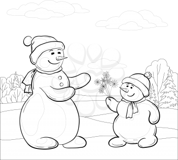 Christmas cartoon, contours: snowmen son gives mom snowy flowers in the winter forest. Vector