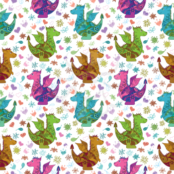 Seamless pattern, cartoon colorful Dragons on backgrounds with symbolical flowers and hearts. Vector