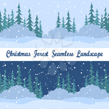 Set Christmas Holiday Seamless Horizontal Backgrounds, Winter Landscapes, Night and Day, Green Fir Trees Silhouettes, Bushes and Blue Sky with White Snow. Vector
