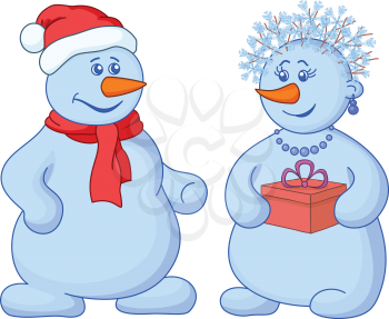 Christmas holiday cartoon, snowballs man and woman with a gift box. Vector