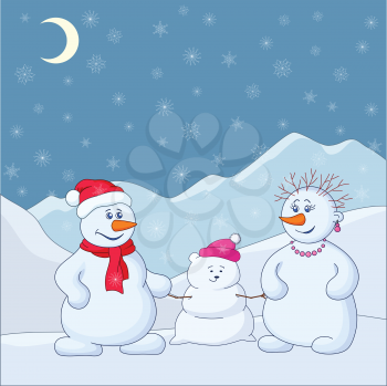 Family of snowmen in the winter mountains. Vector