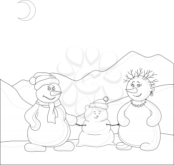 Family of snowmen in the winter mountains, contours. Vector