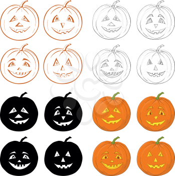 Symbol of the holiday Halloween pumpkins Jack O Lantern on white background, set: icons, shapes, silhouettes, cartoons. Vector