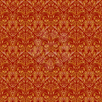 Tile Floral Ornament, Background with Vintage Abstract Seamless Pattern, Gold on Red. Vector
