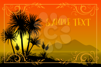 Exotic Landscape, Tropical Palms Trees and Yucca Flowers Silhouettes, Sun and Gold Frame with Floral Pattern on a Background of the Morning Sea and Mountains. Eps10, Contains Transparencies. Vector