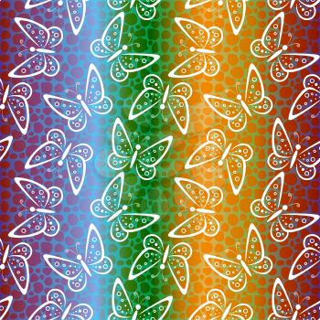 Seamless Background, Butterflies White Silhouettes on Colorful Striped Tile Pattern. Vector