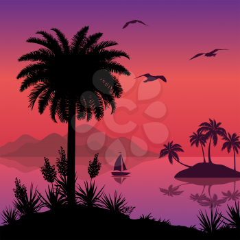 Tropical sea landscape, black silhouettes islands with palm trees and flowers, ship and birds gulls. Eps10, contains transparencies. Vector
