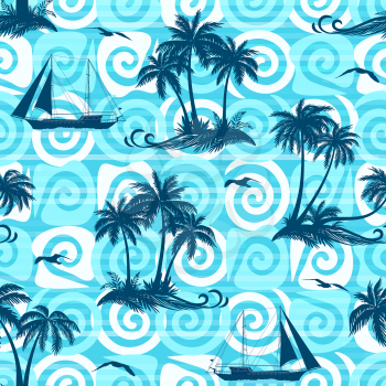 Exotic Seamless Pattern, Tropical Landscape, Palms Trees, Ships Sailing and Birds Seagulls Silhouettes on Abstract Tile Background with Spirals and Lines. Eps10, Contains Transparencies. Vector