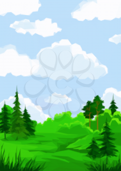 Landscape, Summer Green Forest and Blue Sky with White Clouds, Low Poly. Vector