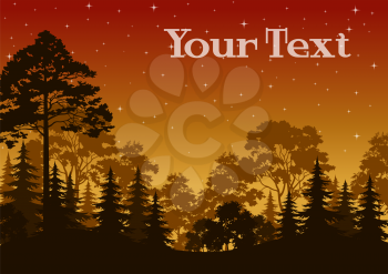 Night Landscape, Forest, Coniferous and Deciduous Trees Silhouettes, Orange Sky with Stars. Vector