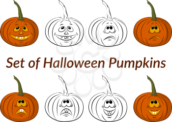 Holiday Halloween Symbols, Cartoons Pumpkins Jack O Lantern Set, Colorful and Contour Isolated on White Background. Vector