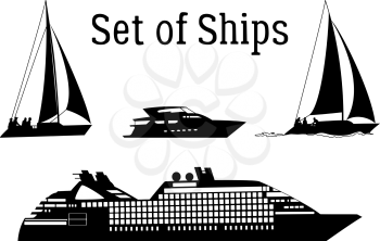 Set of Marine Vehicles, Ship, Sailboat, Yacht, Black Silhouettes Isolated on White Background. Vector