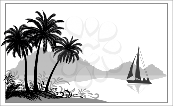 Exotic Sea Landscape, Tropical Palms Trees and Floral Pattern, Sailboat Ship, Mountains, Black and Grey Silhouettes on White Background. Vector