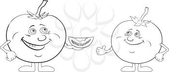 Cartoon Vegetable Friends, Characters Tomatoes, Black Contour on White Background. Vector