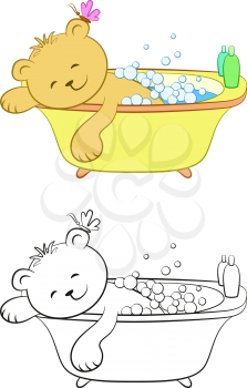 Cartoon Teddy Bear Washes in the Bath, Soap Bubbles, Shampoo, on the Ear - Butterfly. Color Version and Black Contours Isolated on White Background. Vector