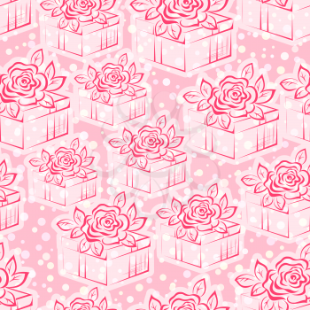 Seamless Pattern, Valentine Holiday Gift Boxes with Rose Flower, Red Contours on White and Pink Tile Background. Vector
