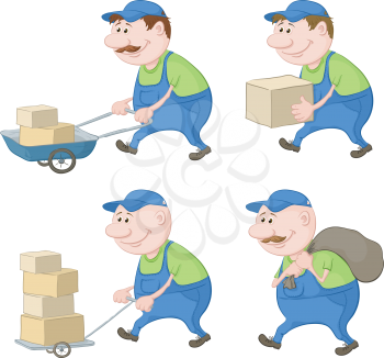 Set cartoon men loaders with load: boxes and bag. Vector illustration
